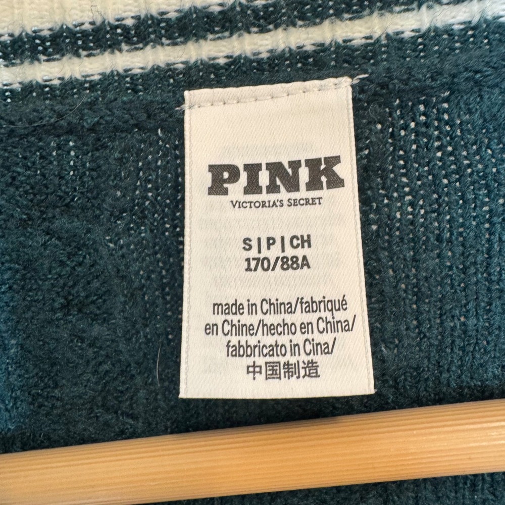 PINK Victoria's Secret Cable Knit Varsity Sweater Green White V-Neck Preppy S - Picture 3 of 5